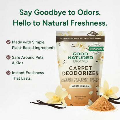 Good Natured Brand | Carpet Freshener & Deodorizer Powder | 31 oz Pet Odor Eliminator for Strong Odor & Pet Urine | Fresh Natural Warm Vanilla Scent | Safe for Homes with Pets