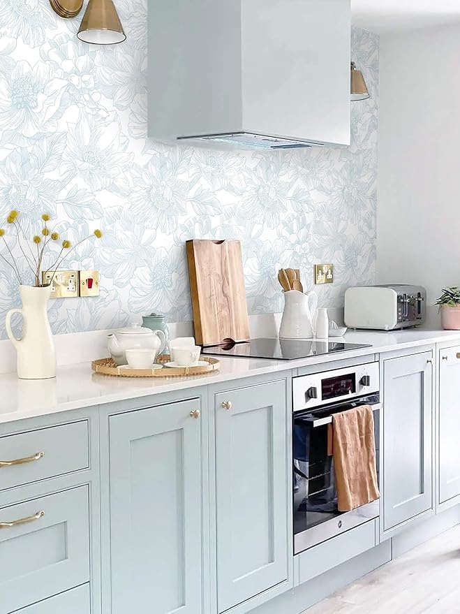 Ismoon Large Floral Peel and Stick Wallpaper Boho White and Blue Contact Paper 17.3inx16.4ft Modern Wall Paper Removable Self Adhesive Vinyl Wallpaper for Bedroom Cabinet Waterproof Mural Wall Decor