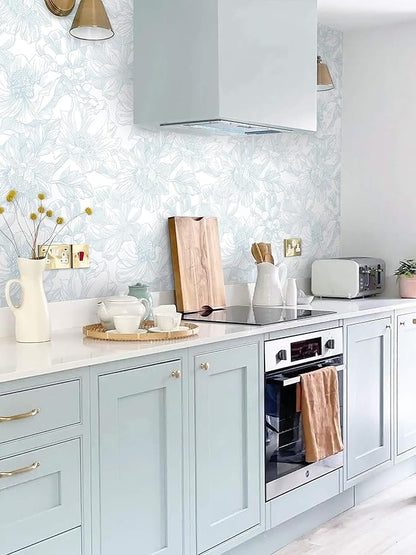 Ismoon Large Floral Peel and Stick Wallpaper Boho White and Blue Contact Paper 17.3inx16.4ft Modern Wall Paper Removable Self Adhesive Vinyl Wallpaper for Bedroom Cabinet Waterproof Mural Wall Decor