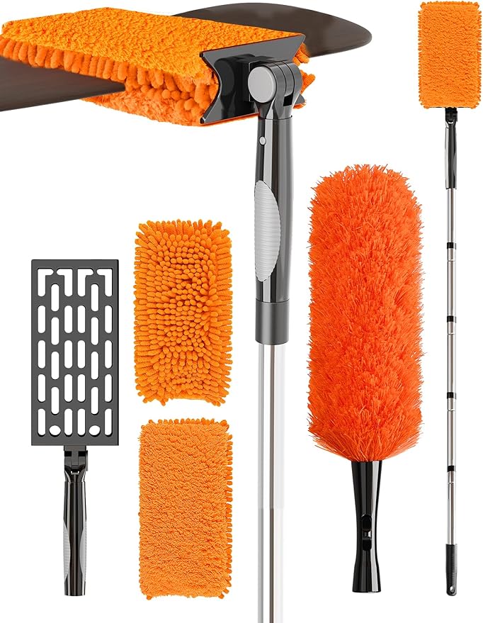 FEXIA Ceiling Fan Cleaner Duster Kit with 6FT Extension Pole, Fan Blade Cleaner Microfiber Cleaning Tool, Reusable Chenille Mops for Blinds Baseboard Wall Cobwebs Bookshelves Door Window Top