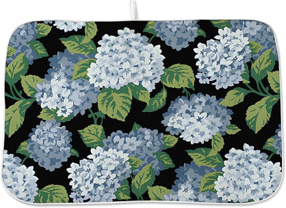 Spring Floral Dish Drying Mat 18x24 Inches For Kitchen Counter Absorbent Black Blue Hydrangea Flower Kitchen Decoration Summer Floral Drying Mat Pad For Home Kitchen,Dining Room,Office Decor