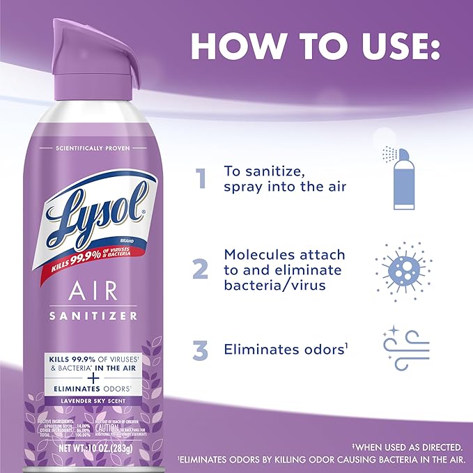 Lysol Air Sanitizer Spray with Bacterial Odor Eliminator for Home & Office, Sanitizing Air Spray, Air Freshener Alternative, Lavender Sky Scent, 10 oz (Pack of 3)