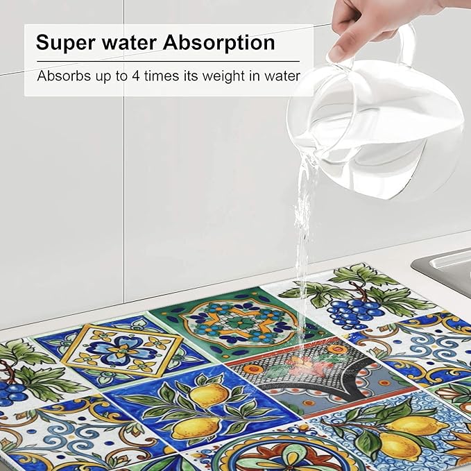 Talavera Mexican Tiles Dish Drying Mats for Kitchen Counter, Absorbent Reversible Microfiber Dish Drying Pad, Multi-Use Large Drying Mat Coffee Bar Accessories 18"x24"