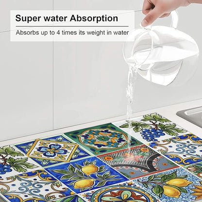 Talavera Mexican Tiles Dish Drying Mats for Kitchen Counter, Absorbent Reversible Microfiber Dish Drying Pad, Multi-Use Large Drying Mat Coffee Bar Accessories 18"x24"