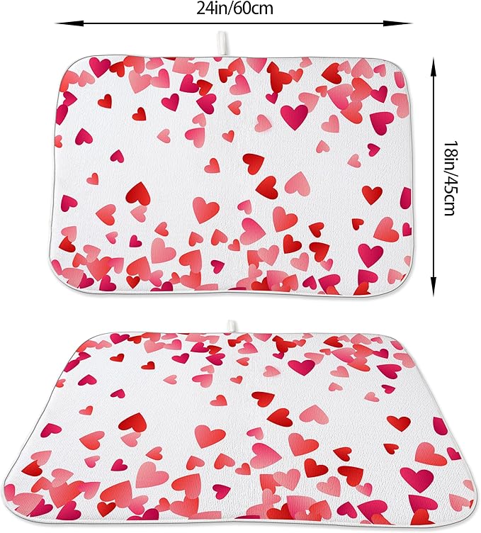 Valentine's Dish Drying Mat 18x24 Inches For Kitchen Counter Absorbent Pink Red Love Heart Kitchen Decoration Mother's Day Anniversary Wedding Drying Mat Pad For Home Kitchen,Dining Room,Office