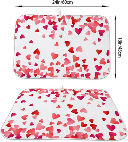 Valentine's Dish Drying Mat 18x24 Inches For Kitchen Counter Absorbent Pink Red Love Heart Kitchen Decoration Mother's Day Anniversary Wedding Drying Mat Pad For Home Kitchen,Dining Room,Office