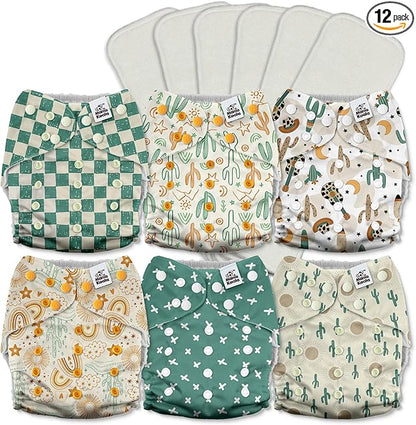 Mama Koala 3.0 Pocket Cloth Diapers for Babies with AWJ Lining, 6 Pack with 6 5-Layer Natural Cloth Diaper Inserts - Reusable and Washable Pocket Diapers(A-Desert Oasis)
