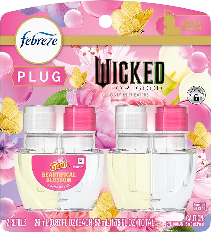 Febreze Plug-In Air Freshener, “Wicked: For Good” Limited Edition Odor-Fighting Scented Oil Refill, Home, Bathroom & Kitchen Use, Long Lasting, Beautifical Blossom, 2 Count