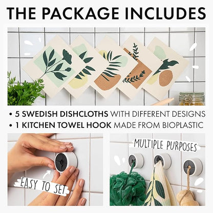 SUPERSCANDI 5 Pack Swedish Dishcloths for Kitchen - 100% Biodegradable & Compostable | Reusable Paper Towels Washable, Food-Safe & Without Plastic - Dish Rags Suitable for Any Surface | Botanic Print