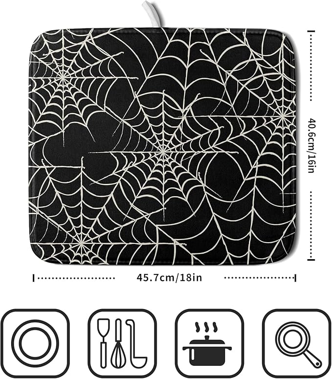 Halloween Dish Drying Mat for Kitchen Counter 16x18 Spider Web Black Holiday Scary Theme Absorbent Reversible Microfiber Drying Mats Kitchen Countertop Protector Dishes Drainer Pad