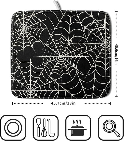 Halloween Dish Drying Mat for Kitchen Counter 16x18 Spider Web Black Holiday Scary Theme Absorbent Reversible Microfiber Drying Mats Kitchen Countertop Protector Dishes Drainer Pad