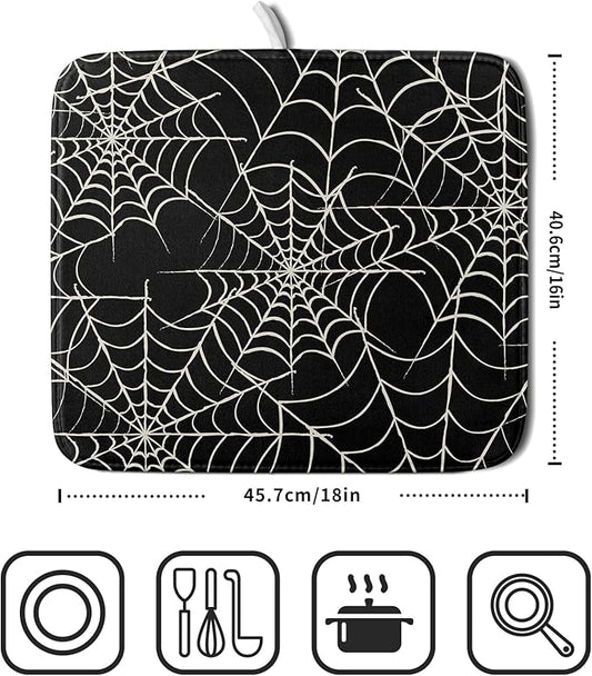 Halloween Dish Drying Mat for Kitchen Counter 16x18 Spider Web Black Holiday Scary Theme Absorbent Reversible Microfiber Drying Mats Kitchen Countertop Protector Dishes Drainer Pad
