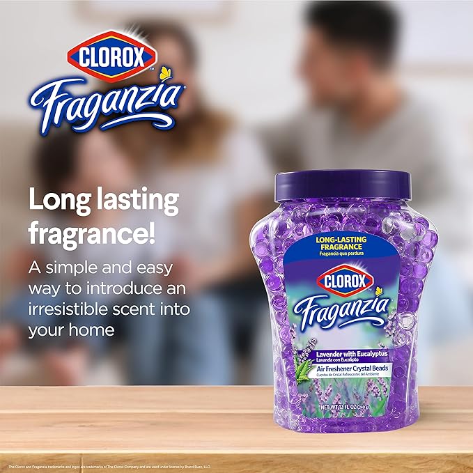 Clorox Fraganzia Crystal Beads Air Freshener Twin Pack, Long Lasting Room Deodorizer and Odor Eliminator Gel Beads for Home, Car, or Office, Lavender with Eucalyptus Scent, 24 Fl Oz