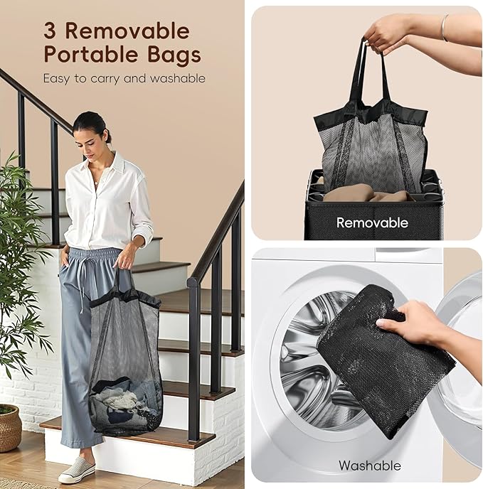 185L Laundry Hamper 3 Section, Laundry Hamper with Lid, Dirty Clothes Hamper with 3 Removable Washing Bags, Extra Large Laundry Basket Organizer for Bedroom, Laundry Room, Dorm - Black