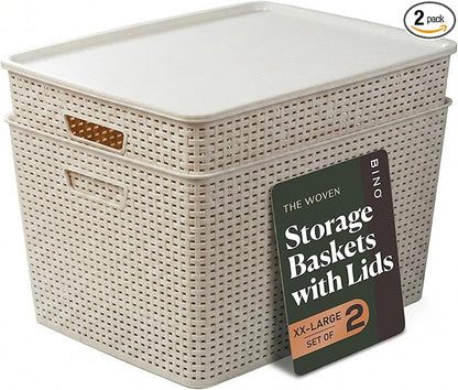 BINO | Plastic Storage Baskets with Lids, 45 Liter - 3 Pack, Natural | THE WOVEN COLLECTION | Storage Basket for Shelves | Woven Storage Baskets for Organizing Bins | Pantry Shelf Organizer Bin