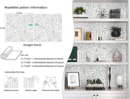 Heroad Peel and Stick Wallpaper Boho Floral Contact Paper 17.3''x196'' Leaf Wall Paper Removable Self Adehsive Wallpaper for Cabinets Drawers Bedroom Kitchen Bathroom Waterproof Decor Vinyl Roll