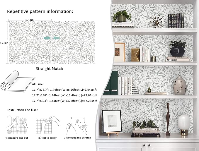Heroad Peel and Stick Wallpaper Boho Floral Contact Paper 17.3''x78.7'' Leaf Wall Paper Removable Self Adehsive Wallpaper for Cabinets Drawers Bedroom Kitchen Bathroom Waterproof Decor Vinyl Roll