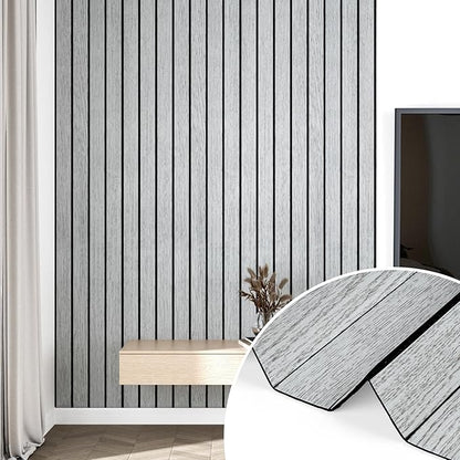 Wallercity Gray/White Wood Slat Wall Panel for Walls Self Adhesive Noise Cancelling Wood Panels for Bedroom Living Room Peel and Stick Acoustic Decorative 3D Sound Absorbing Wall Paneling 11.7''x118''