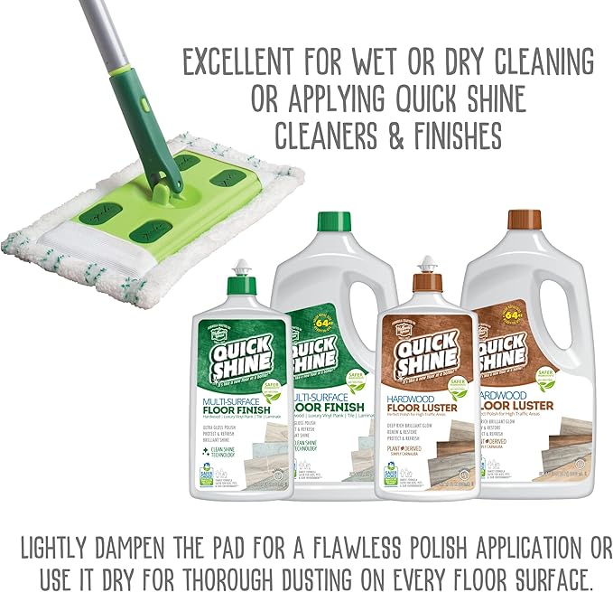 Quick Shine Hardwood Floor Clean + Polish Mop Kit w/ 3 Reusable Pads & 1-16 oz. Floor Luster w/Plant-Derived Carnauba | Use Wet + Dry | Safer Choice pH Neutral Ready to Use Formula