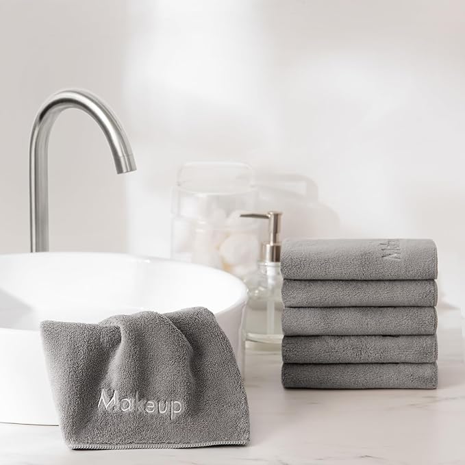 Arkwright Makeup Remover Fingertip Towels 6 Pack - Microfiber Coral Fleece Face Towels, Ultra Soft Reusable Washcloths, Gentle Facial Cleansing for Waterproof Makeup, 11 x 17, Grey
