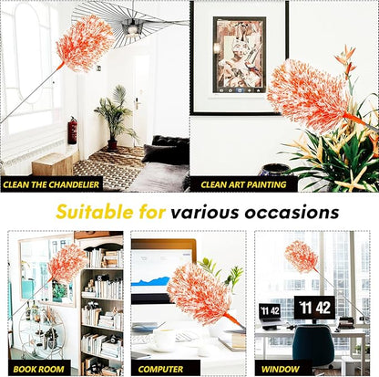 Extendable 20-49inches Microfiber Feather Duster with 3pcs Replaceable Bendable Heads, Extra Long Duster for Cleaning, Electrostatic Dust Remove for Ceiling, Fan, Window, Bookshelves(Orange)