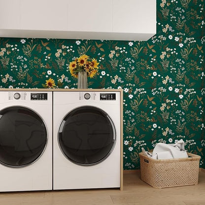 Laatse Dark Floral Wallpaper Peel and Stick 17.5in x393in Vintage Green Gold Leaf Wallpaper Vinyl Waterproof Self-Adhesive Boho Botanical Wall Paper Mural for Cabinet Bookcase Bedroom Decor