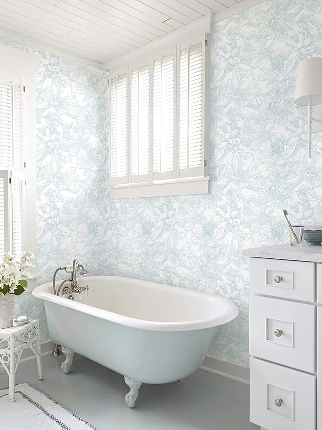 Ismoon Large Floral Peel and Stick Wallpaper Boho White and Blue Contact Paper 17.3inx16.4ft Modern Wall Paper Removable Self Adhesive Vinyl Wallpaper for Bedroom Cabinet Waterproof Mural Wall Decor