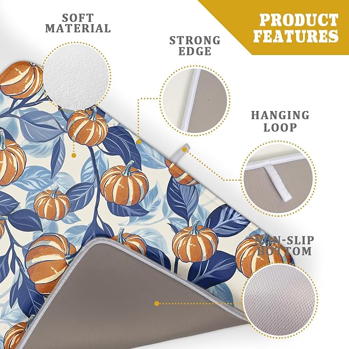 Blue Burnt Orange Fall Thanksgiving Pumpkin Dish Drying Mat for Kitchen Counter 18x24 Autumn Harvest Theme Absorbent Reversible Microfiber Drying Mats Kitchen Countertop Protector Dishes Drainer Pad