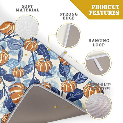 Blue Burnt Orange Fall Thanksgiving Pumpkin Dish Drying Mat for Kitchen Counter 18x24 Autumn Harvest Theme Absorbent Reversible Microfiber Drying Mats Kitchen Countertop Protector Dishes Drainer Pad