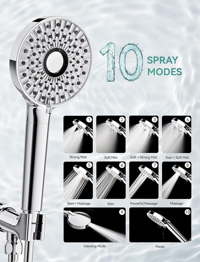 Magichome Filtered Shower Head with Handheld, High Pressure 10-Spd Detachable Chrome Showerhead with Stainless Hose, Water Softener Filter Beads for Hard Water - Remove Chlorine, Reduce Dry Itchy Skin