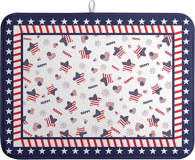 4th of July Dish Drying Mats for Kitchen Counter Patriotic Independence Day Kitchen Dishes Dryer Pad Stars Absorbent Dish Mat Microfiber Washable Foldable Reusable Large 18x24 in