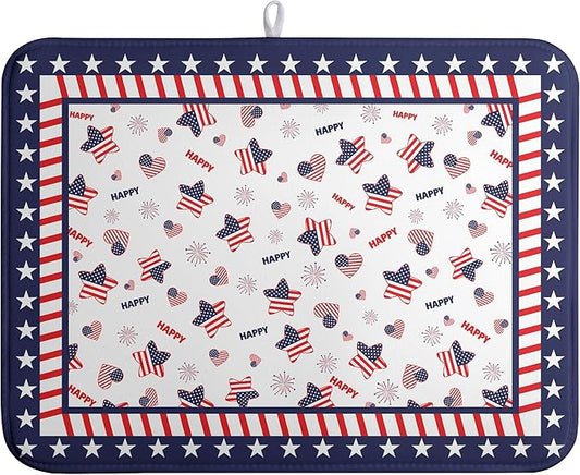 4th of July Dish Drying Mats for Kitchen Counter Patriotic Independence Day Kitchen Dishes Dryer Pad Stars Absorbent Dish Mat Microfiber Washable Foldable Reusable Large 18x24 in