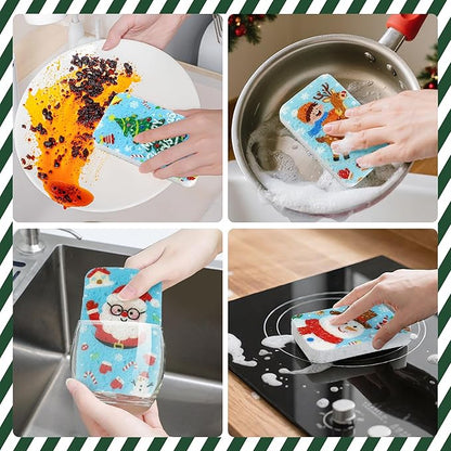 Christmas Theme Kitchen Sponge (12Pack) - Wood Pulp & Coconut Scrubber Sponges, High-Absorption Dishwashing Sponge with Festive Designs, Strong Cleaning for Dishes, Household Cleaning