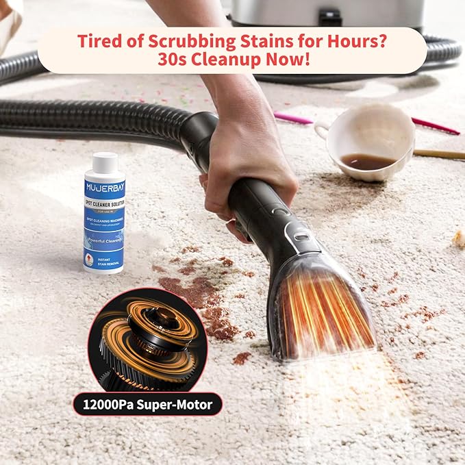 Upholstery Carpet Cleaner, MUJERBAY UltraHeat 12Kpa Portable Spot and Stain, Easy Move with Universal Wheels & Handle, 1.18-inch Deep Cleaning Machine for Couch, Stairs, Car and Pet Messes.