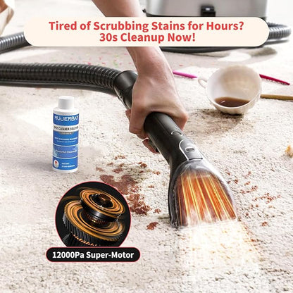 Upholstery Carpet Cleaner, MUJERBAY UltraHeat 12Kpa Portable Spot and Stain, Easy Move with Universal Wheels & Handle, 1.18-inch Deep Cleaning Machine for Couch, Stairs, Car and Pet Messes.