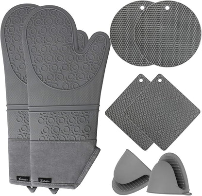 Oven Mitts and Hot Pads Sets, 8Pcs Extra Long Silicone Oven Gloves with Non-Slip Heat Resistant Hot Trivet Mats and Cooking Pinch Mitts Pot Holders Set for Baking Cooking, Grey