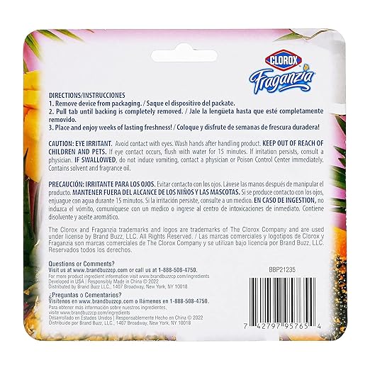 Clorox Fraganzia Small Rooms Air Freshener, Island Escape Scent - Peel & Place Air Freshener, No-Plug, Battery-Free for Closets, Laundry Room, Entry Way, Bathroom, Locker, 0.25 Fl Oz Each, 4 Count