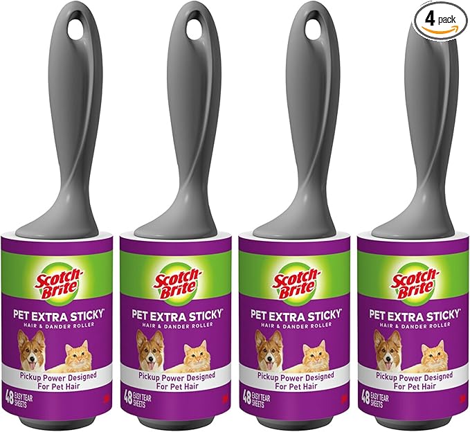 Scotch-Brite Pet Hair Pickup Extra Sticky Lint Roller, Designed for Removing Fur + Fluff on Couches, Clothes, Dog and Cat Beds, & More, 4 Pack, 192 Easy-Tear Adhesive Sheets Total