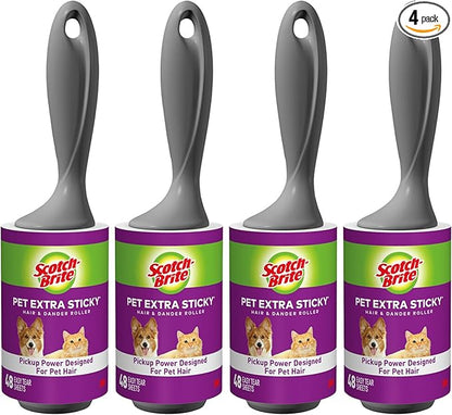 Scotch-Brite Pet Hair Pickup Extra Sticky Lint Roller, Designed for Removing Fur + Fluff on Couches, Clothes, Dog and Cat Beds, & More, 4 Pack, 192 Easy-Tear Adhesive Sheets Total