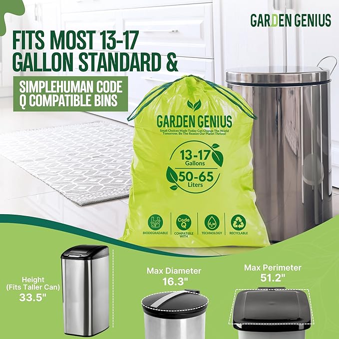 Biodegradable 13-17 Gallon Code-Q Trash Bags (50 Pack) | Strong Heavy-Duty Tall Green Kitchen Bags w/Drawstring | Fits Simplehuman & Standard Cans | Eco-Friendly D2W, 30 Micron Thick | 25.6" x 33.5"