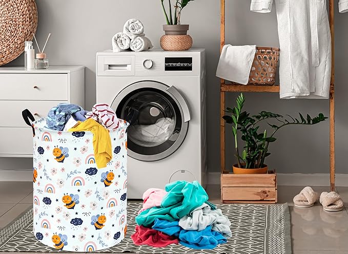 MAIZMZ Rainbow Bee Print Canvas Laundry Basket,Waterproof Storage Bin with Handles 15.7" D×19.7" H Foldable Toy Organizer Decor Gift Basket for Kids' Bedroom & Home Organization