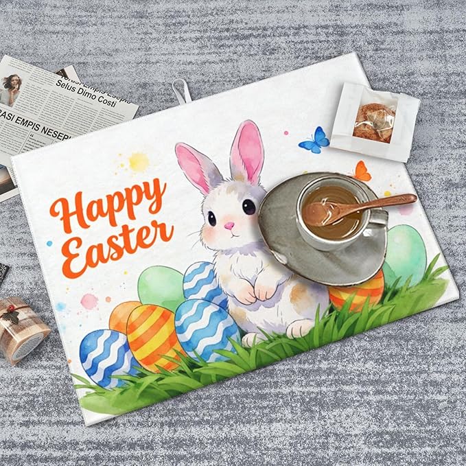 Easter Bunny Dish Drying Mat, for Kitchen Counter Microfiber Absorbent Easter Eggs Dish Draining Reusable Washable Extra Large 18"x24"