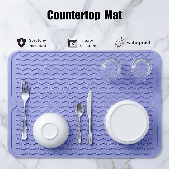 MicoYang Silicone Dish Drying Mat for Multiple Usage,Easy clean,Eco-friendly,Heat-resistant Silicone Mat for Kitchen Counter or Sink,Refrigerator or drawer liner Light Purple L 16 inches x 12 inches