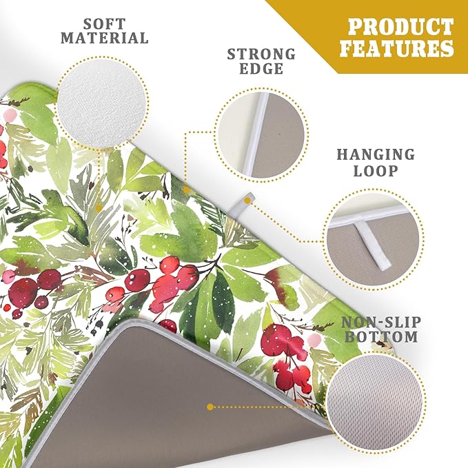 Watercolor Christmas Dish Drying Mat 18 x 24 Inch With Absorbent Reversible Microfiber Green Leaves Red Berry Xmas Drying Mats Winter Holiday Dish Drainer Mat Fast Dry For Kitchen Dining Room
