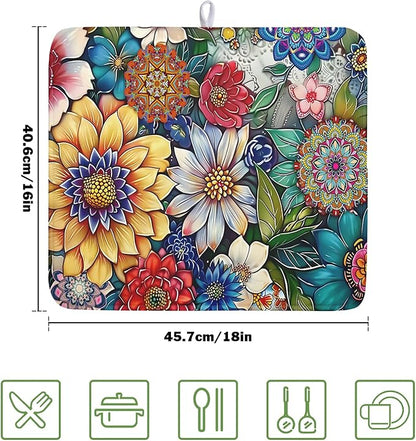 Boho Floral Dish Drying Mat for Kitchen Counter 16x18 Inch Boho Blooming Flower Dishes Pad Super Absorbent Drying Mat Heat Resistant Dish Drying Pad Anti-Slip Dish Mat Fast Dry Kitchen Bar Accessories