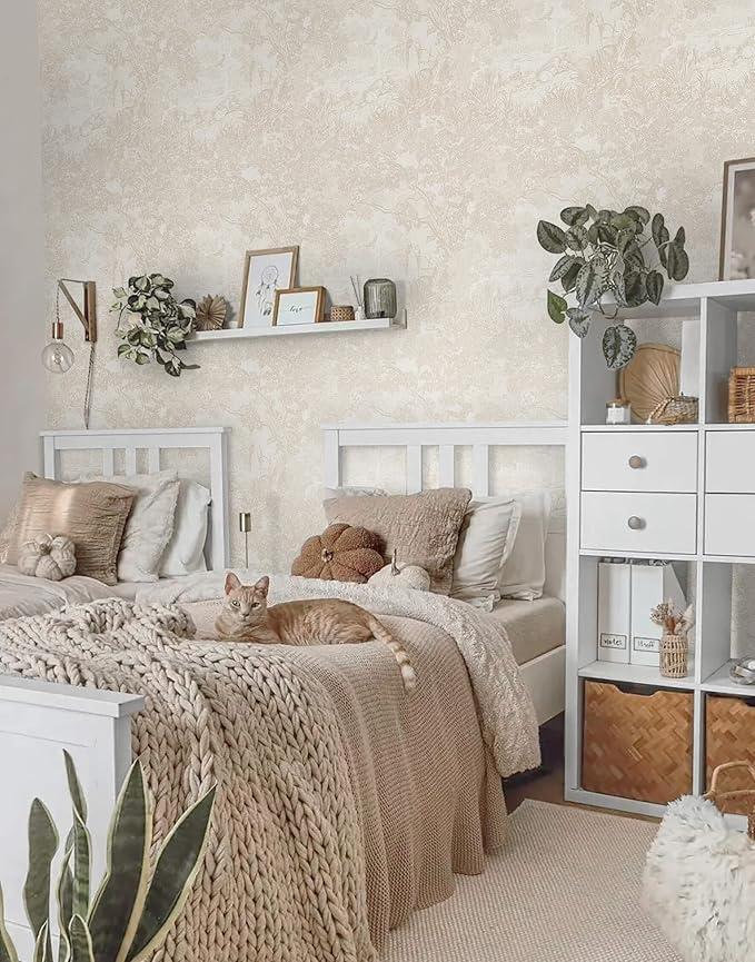 Heroad Peel and Stick Wallpaper Beige Neutral Vintage Forest Animals Floral Wallpaper Removable Self-Adhesive Contact Paper for Bedroom Living Room Cabinets Decoration Thicken Vinyl 17.3" x 393"