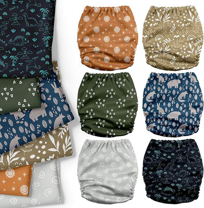 Mama Koala 3.0 Cloth Diapers for Babies with AWJ Lining, 6 Pack with 6 Natural Cloth Diaper Inserts - Reusable and Washable Pocket Diapers (Natural Elements)