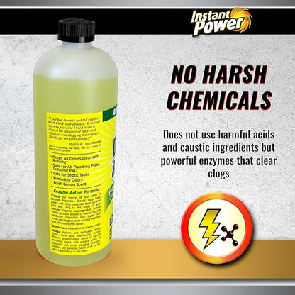 Instant Power Disposal and Drain Cleaner – Liquid Enzyme Clog Remover, Cleans and Deodorizes, Removes Drain Blockages, Fresh Lemon Scent, 33.8 Fl oz, 1 Liter