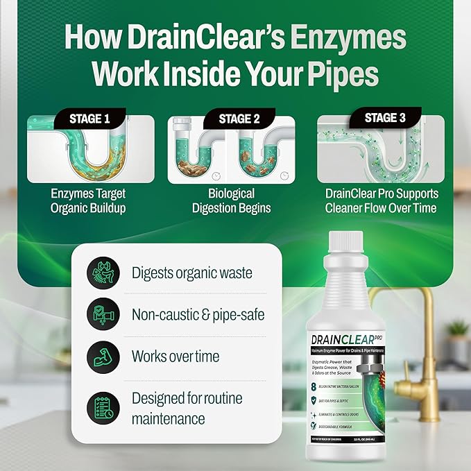 DrainClear Pro Enzyme Drain Cleaner 32oz - Enzymatic Formula Digests Grease, Waste & Odors - Safe for Pipes and Septic Systems - Biodegradable Drain Treatment for Home & Commercial Use