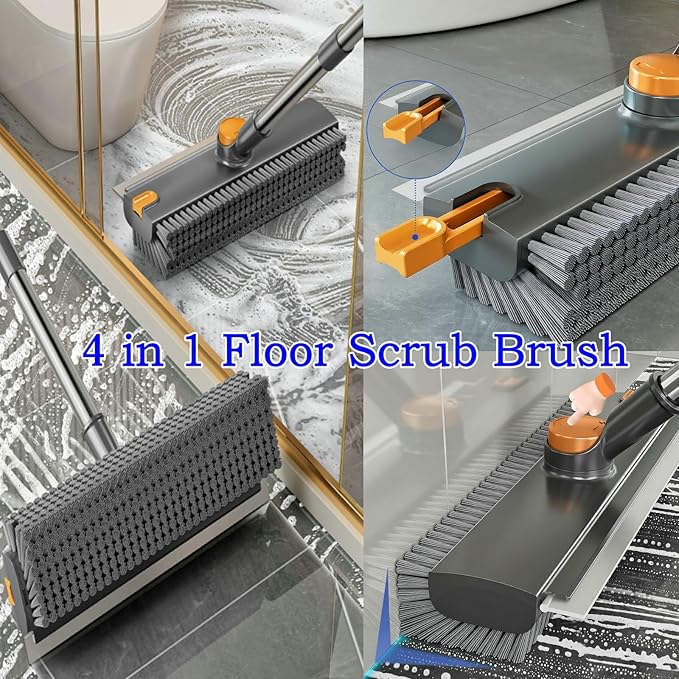 Floor Scrub Brush with Squeegee Long Handle Grout Brush 52'' 2026 Upgraded 4 in 1 Multi-Functional Stiff Bristle Cleaning Scrub Brush Rotating Tile Brush for Cleaning Bathroom Patio, Pool, Garage